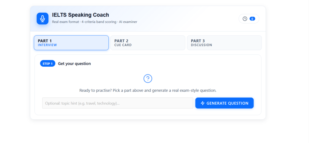 IELTS Speaking Coach main screen